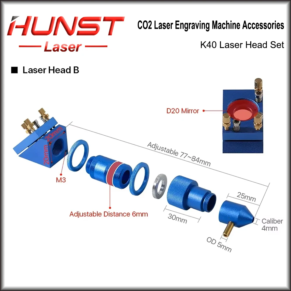 HUNST K40 시리즈 Co2 레이저 헤드 세트 렌즈 직경 12/20mm 미러 20mm (2030 4060 미니 데스크 레이저 조각 절단기용)