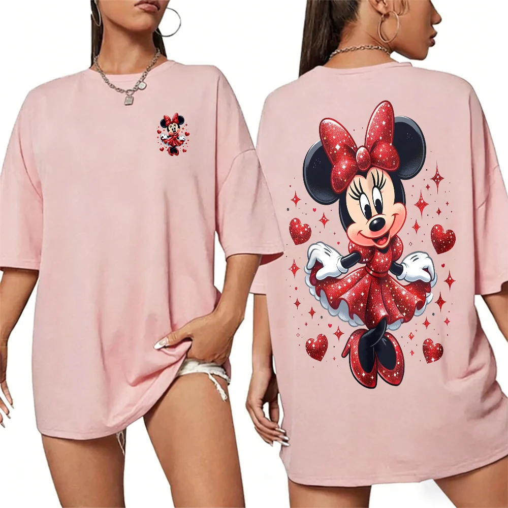 Women’s 100% cotton Mickey Mouse printed T‑shirt in summer casual style pink