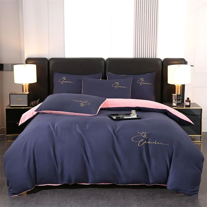 

Embroidery Bedding Set High Quality Skin Friendly Quilt Cover Set Solid Color Bed Cover Set Single Double Queen Duvet Cover