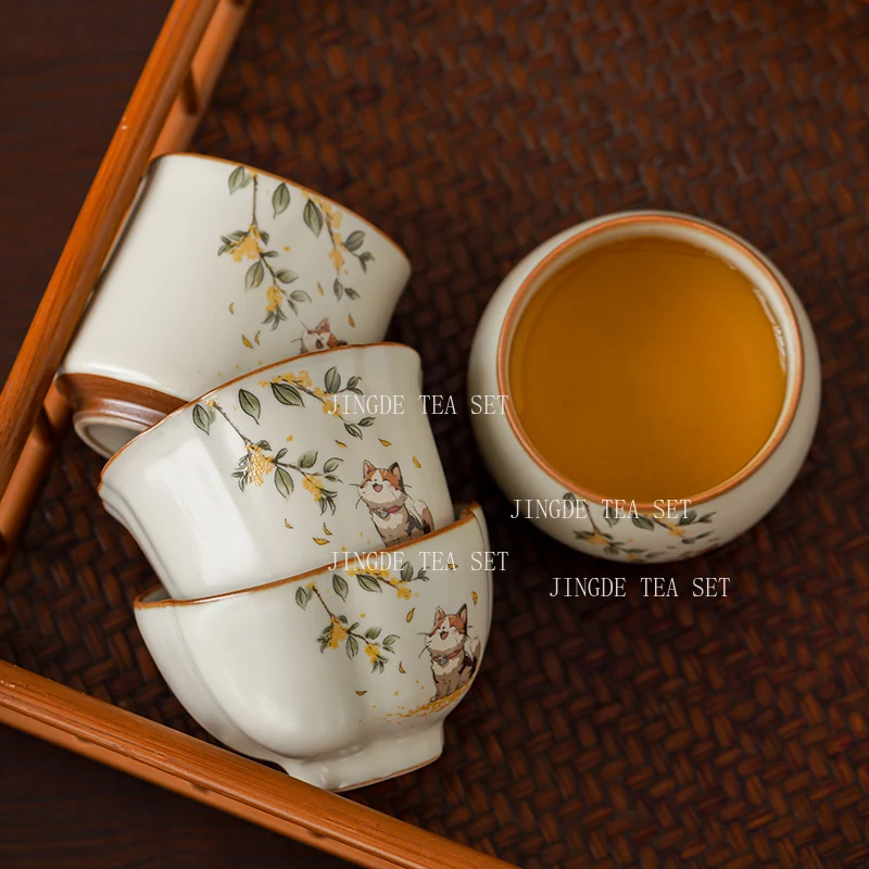 1pcs Ceramic Cups Beige Ru Kiln Brewed Black Tea Pu Erh Cup Cute Cat Tea Set for Home Use High End Drinking Utensils