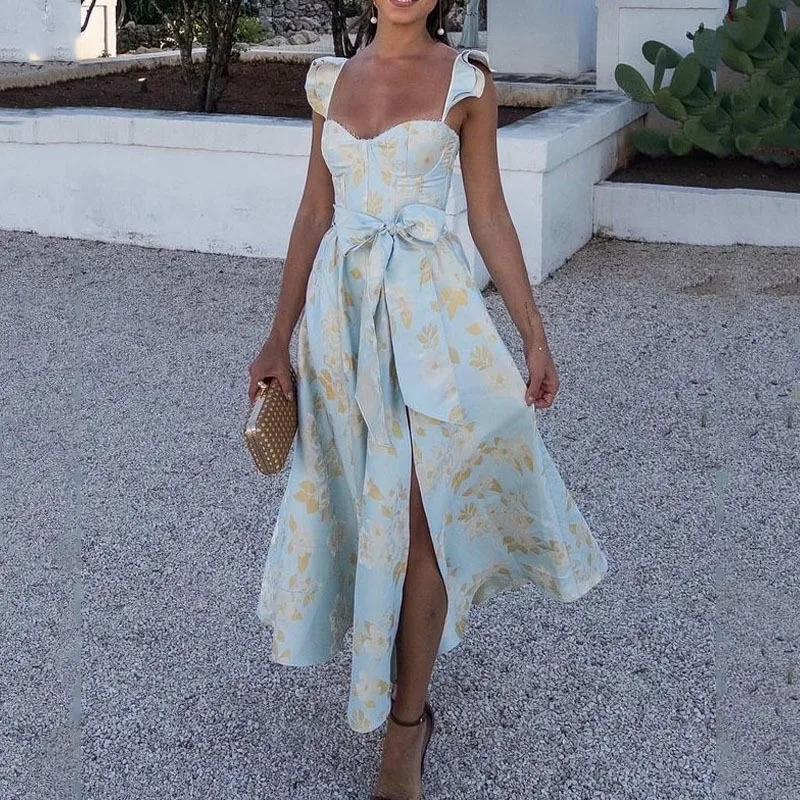 

Pareo Women Beach Clothes Dress For 2023 Summer New Fragmented Flower Print French Retro High Waist Suspended Polyester Robe