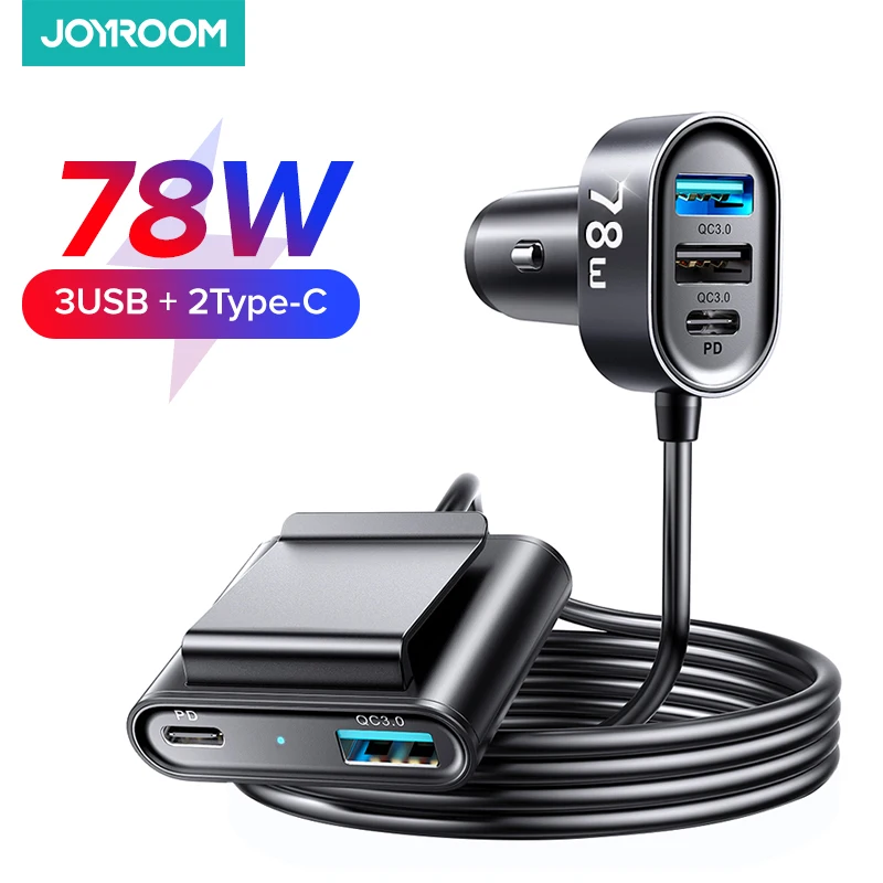 Cargador de coche súper rápido tipo C, 66 W+65 W+20 W QC3.0 y PD3.0 5  puertos incorporado 4 pies cable USB C cargador de coche carga rápida para