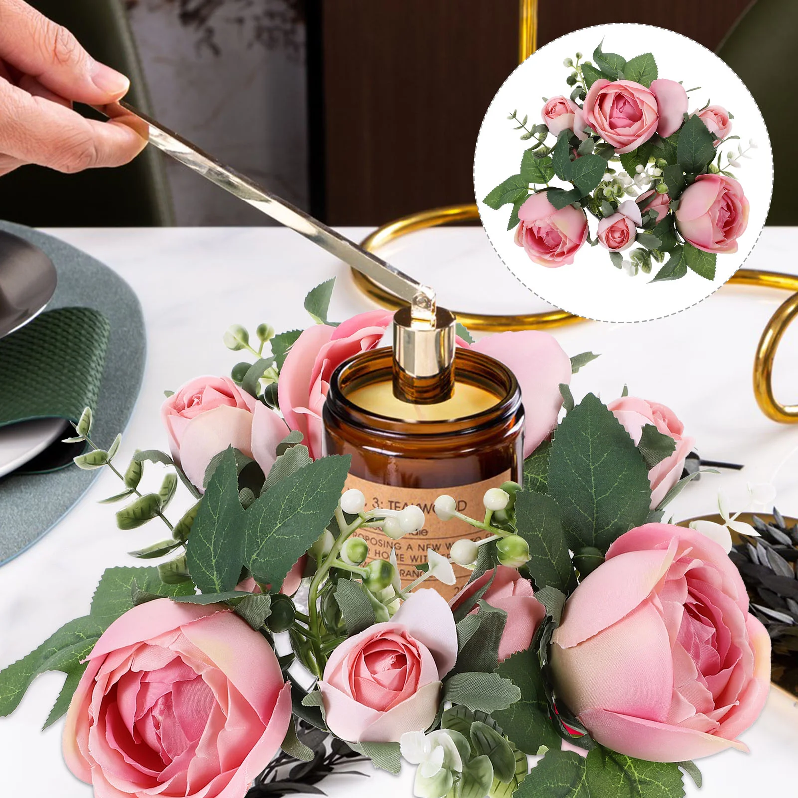 

Candle Ring Wreath Artificial Flower Candle Ring For Wedding Party Artificial Rose Candle Ring Wedding Home Party Decoration