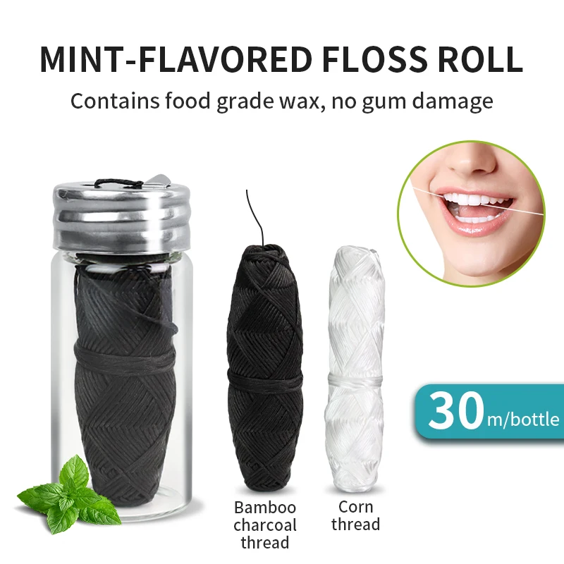 

30 Meters Mint Dental Floss Roll in Glass Bottles Portable Flosser 30M Bamboo Charcoal Corn Thread Oral Hygiene Clean Tools