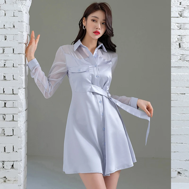 

Summer New Korean Temperament Lapel Stitching Tulle Lace-Up Solid Color Shirt Dress Fashion Single-Breasted Ladies Office Dress