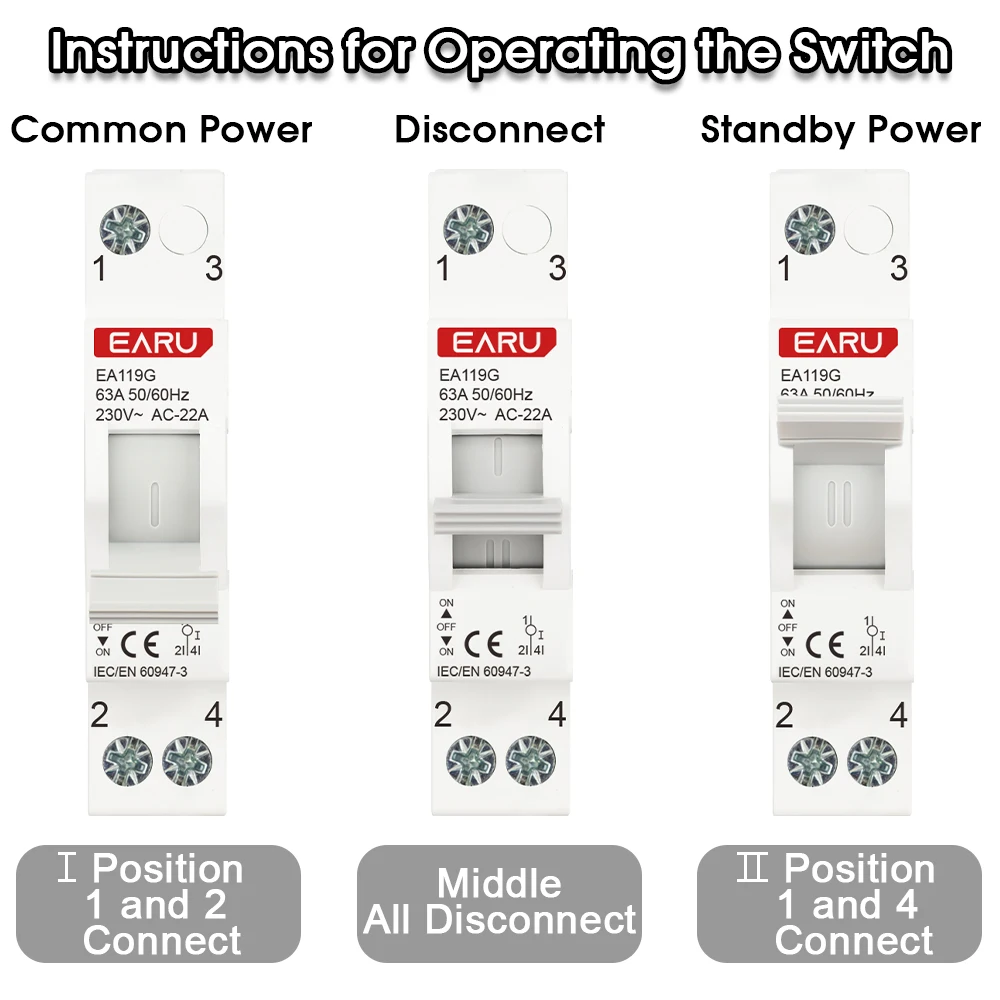 1P 40A 63A AC230V 50/60Hz Din Rail Modular MTS Dual Power Manual Transfer Switch Isolating Discounnecting Switch Circuit Breaker