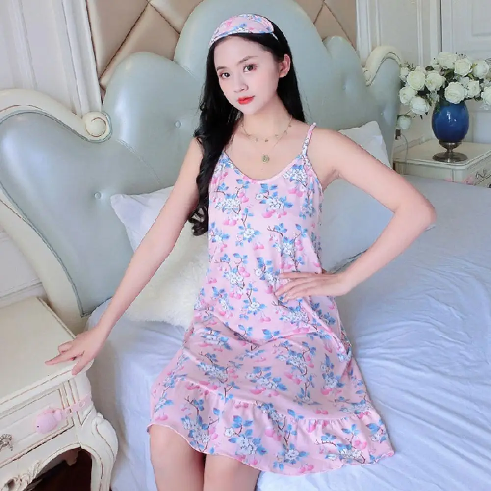 

Women Pajama Loose-fit Polyester Nightgown Night Dress Print Pajama Homewear Ice Silk Plus Size Robe Sling Set Sensual Dress