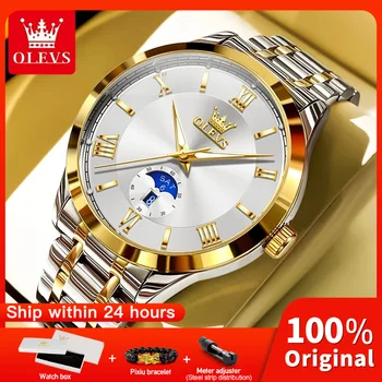 OLEVS 3638 Mens Watch Original Quartz Watch Stainless Steel Waterproof Luminous Large Dial Day Date Watches Luxury Men Box Reloj