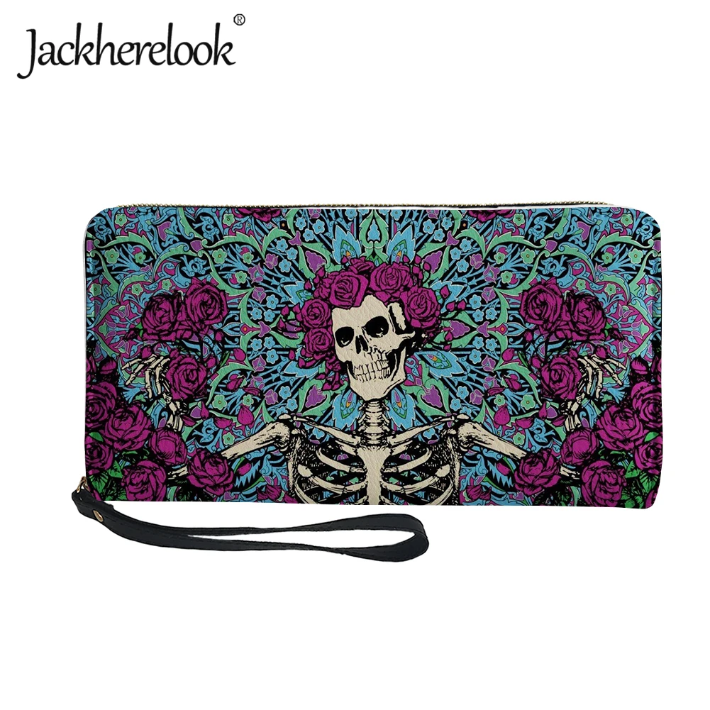 Jackherelook Gothic Boho Floral Skull Pattern Women Tote Wallet with Hasp 2022 Casual Lady Credit Card Holder Leather Money Bag