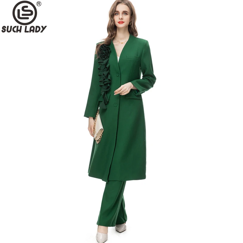 Women's Three Piece Pants Sets Sexy V Neck Long Sleeves Appliques Trench Coat outerwear with Pant Fashion Twinsets