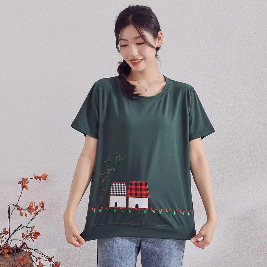 

DIMANAF 2024 Summer New T-Shirt Women Embroidery Printing Loose Casual Basic O-Neck Tops Green