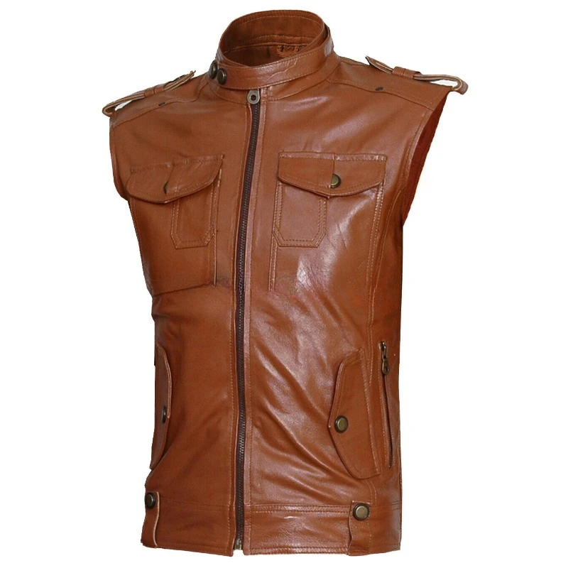 Men Strap Genuine Lambskin Real Leather Waist Jacket Biker High Quality Vestcoat