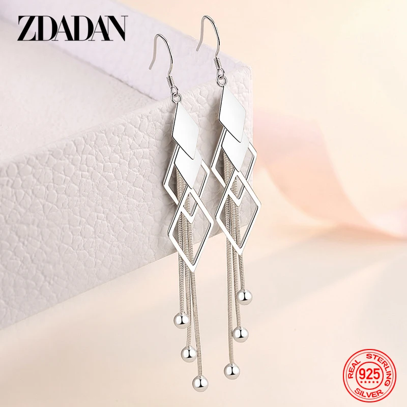 ZDADAN 925 Sterling Silver Geometric Long Tassel Drop Earrings For Women Wedding Jewelry