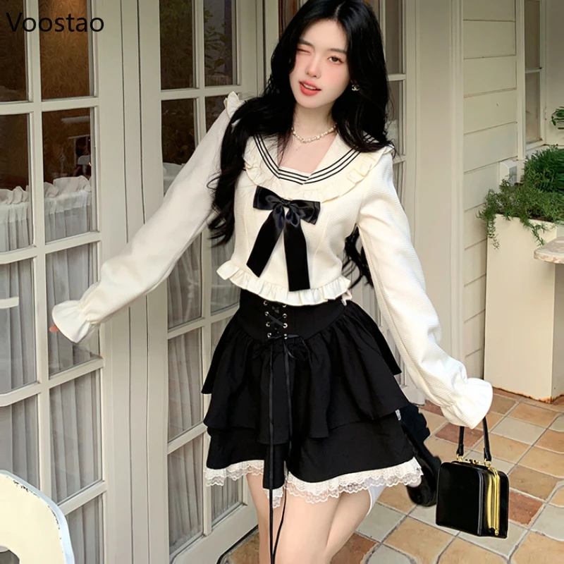 

Japanese Sweet Lolita Style Skirt Set Women Preppy Style Bow Sailor Collar Blouse Tops Mini Skirt Suit Female Casual 2 Piece Set