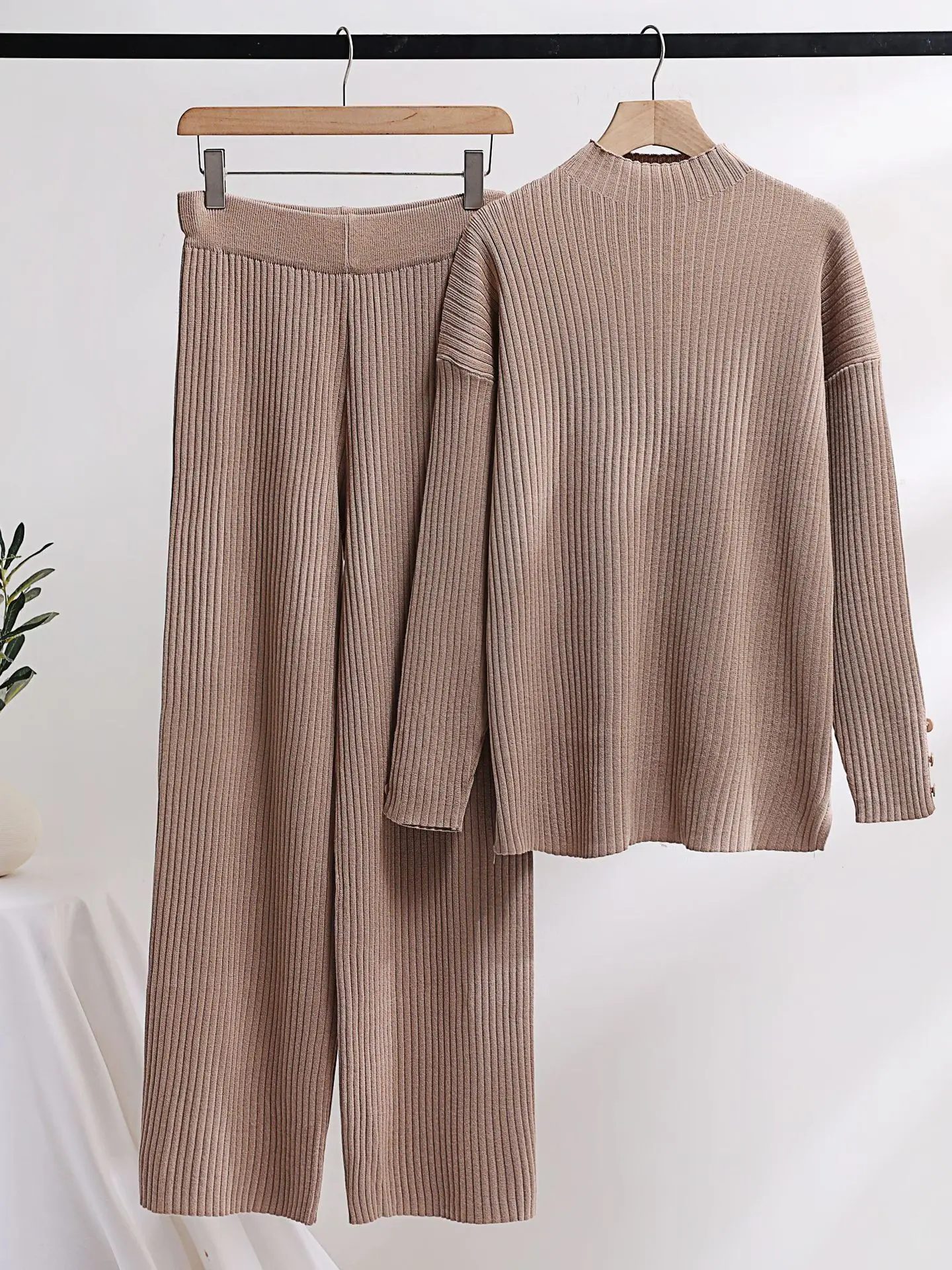 Autumn Winter 2 Pieces Women Sets Loose LargeSize Solid Color Knitted Tracksuit Turtleneck Sweater+ Straight Jogging Pants Suits