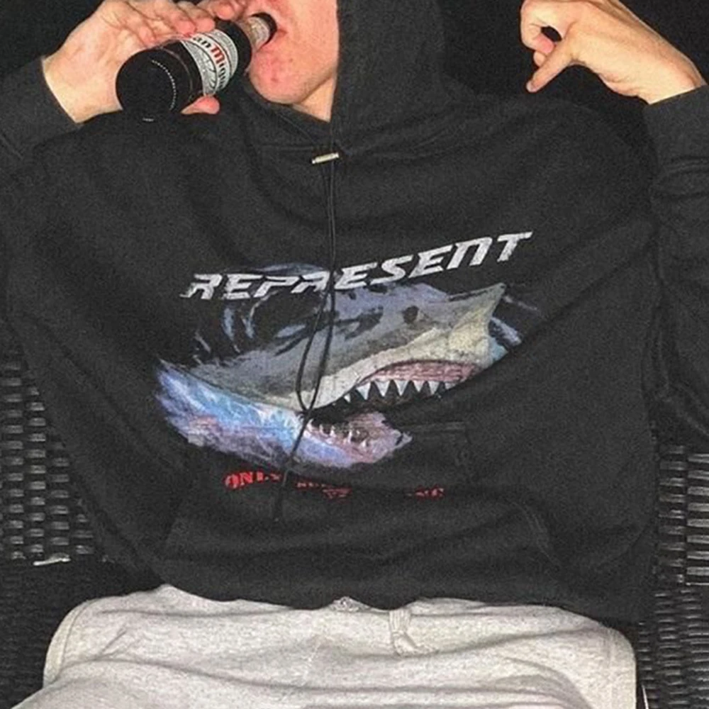 

2023 Men's Vintage Wash Hoodie Sweatshirt Shark Letter Print Pocket Hoodie Hoodie Hip Hop Streetwear Harajuku Men's Pullover
