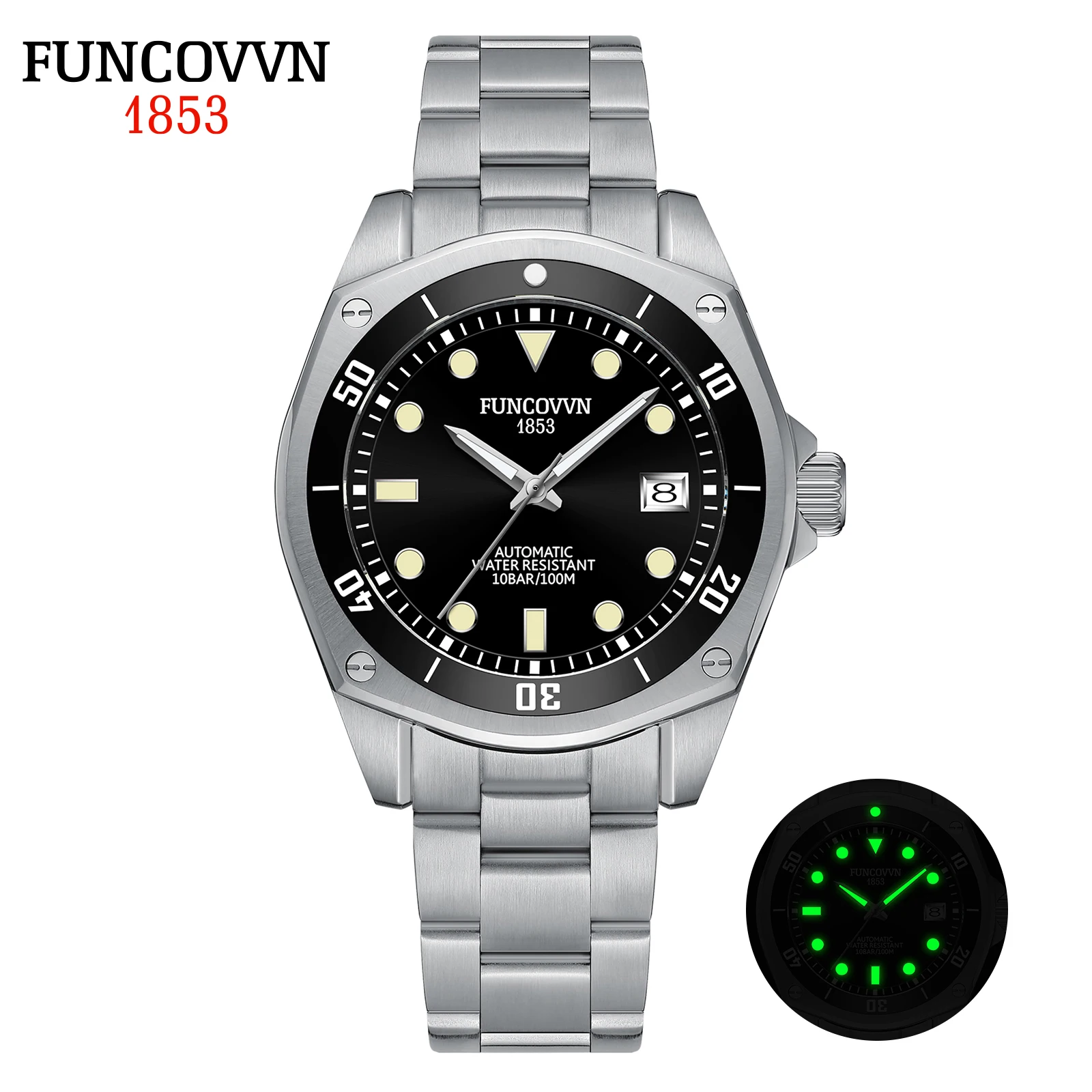 

FUNCOVVN Automatic Mechanical Watch Man European American Business Leisure Wristwatch Luxury Silver Luminous Waterproof Watch