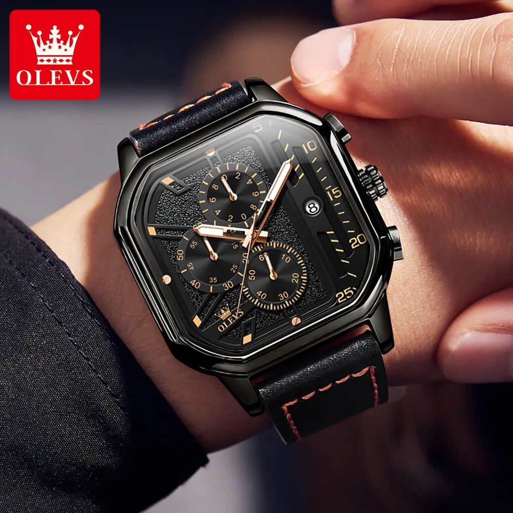 OLEVS Quartz Watch for Men New Square Men's Watches Waterproof Luminous Leather Strap Calendar Chronograph Dial Wristwatch Reloj