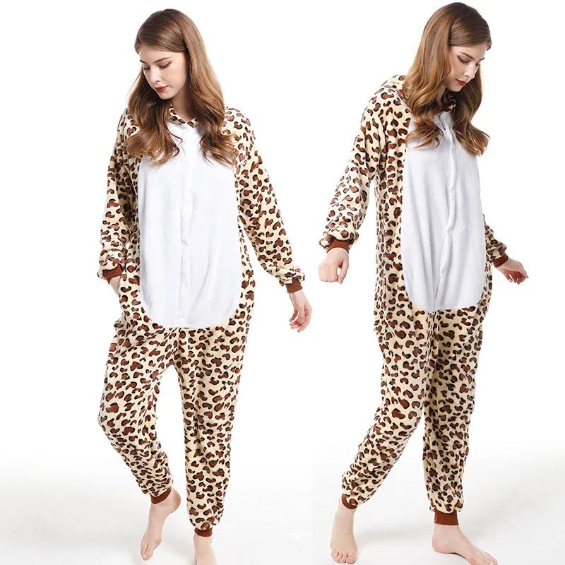 Unisex Kawaii Fashion Leopard Print Pajamas Cartoon Animal One-piece Sleepwear Couple Onesie Hooded Long Sleeve Warm Home Wear