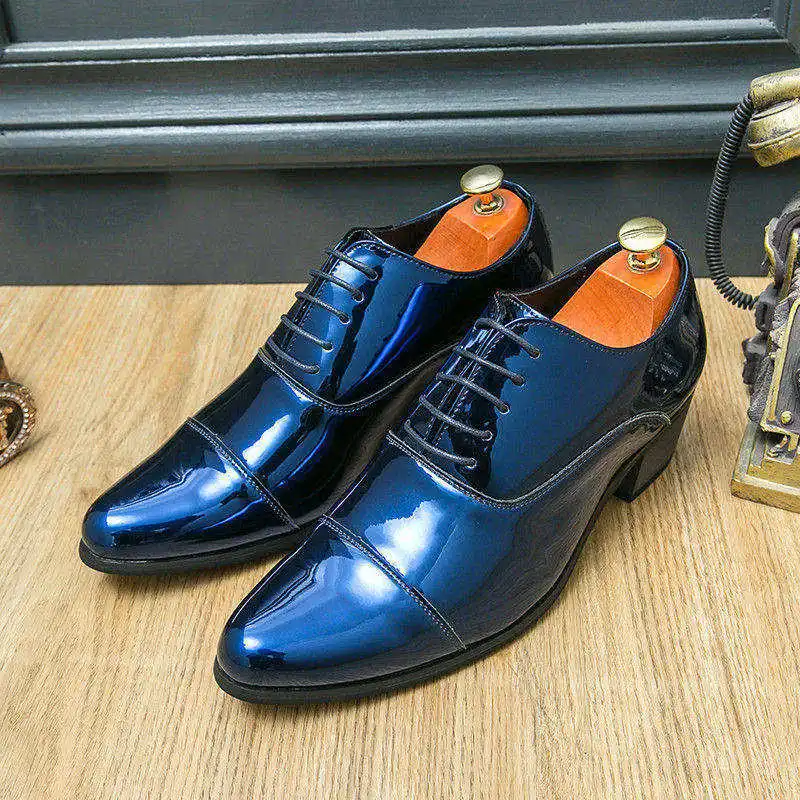 

Classic Fashion Blue Glitter Leather Men's Dress Shoes Pointed Toe Height-increasing High Heels Shoes Men Formal Shoes for Men