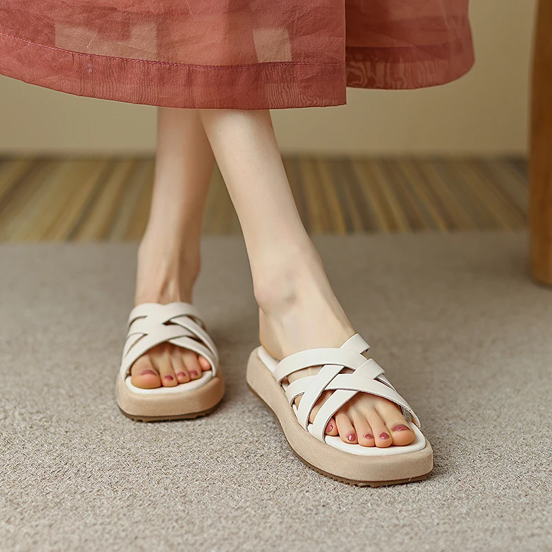 

2022 Summer Women Shoes Genuine Leather Low Heel Women Sandals Shoes for Women Concise Flat Shoes Woman Slippers