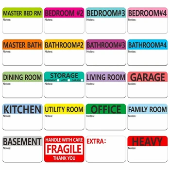 5 fogli/100 pezzi 20 disegni etichette per scatole di imballaggio in movimento per la casa con codice colore prestampato con Area Note scrivibili.