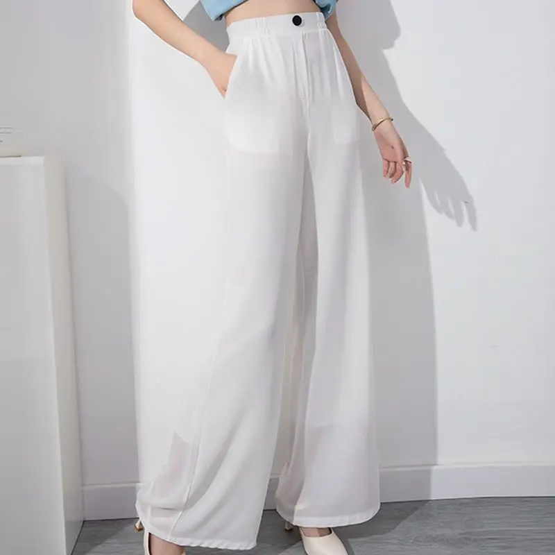 2023 Summer Commuting Simple and Fashionable High Waist Button Back Elastic Belt Solid Color Versatile Women's Wide Leg Pants