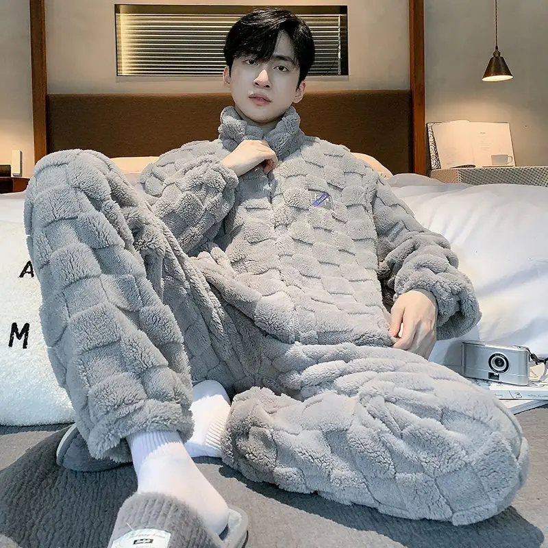 Luxury Brand Sleepwear Men Winter Warm Pajama Sets Zipper Long Sleeve Flannel Coral Fleece Thick Loungewear Loose Korean Pajamas