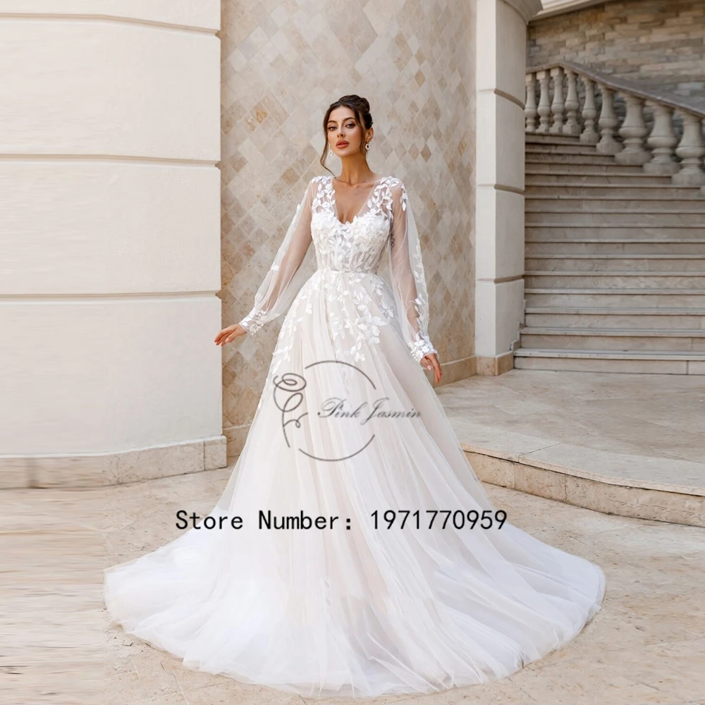 

Gorgeous Wedding Dress White Full Puffy Sleeves Applique Elegant Bridal Gown Lace Up Back Court Train vestidos de novia 2024 New