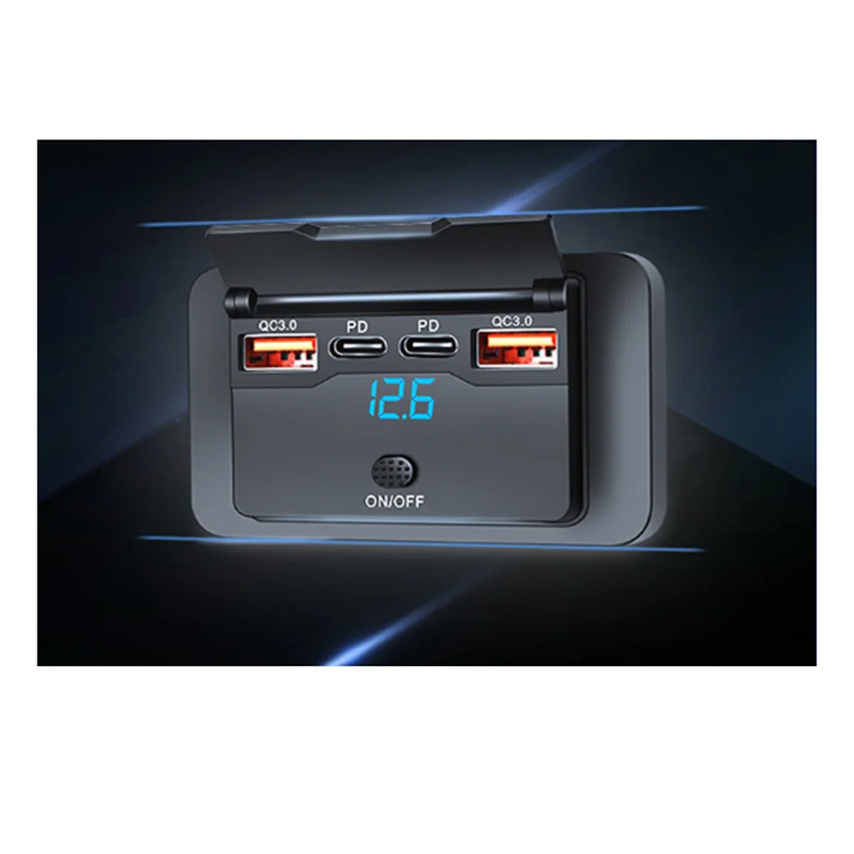 (A96Z) 4포트 12V 108W 듀얼 PD+듀얼 QC3.0 USB 충전기(디지털 전압계 스위치 소켓 전원 콘센트 패널 어댑터 포함)