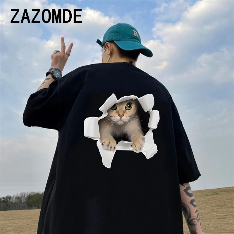 

ZAZOMDE Summer New Funny Cat Print T-shirt Men Oversized Tops Tee Short Sleeve 260GSM Cotton Tees High Street Couple Streetwear