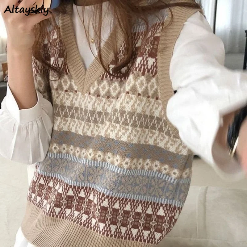 

Women Geometric Pullover Sweater West Loose Sleeveless V-neck Preppy Sweet Style Classic Casual All-match Streetwear Trendy Ins