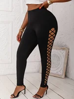 Women's Plus Size Mid-Waist Leggings Sexy Faux Cut-Out Grid Pattern Stretch Knit Pants Comfortable Solid Color Basics Trousers - Image 5