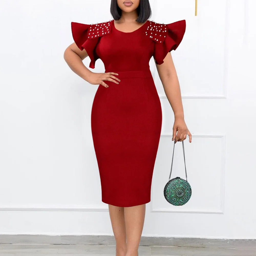 

Luxury Dresses for Women Round Neck Beaded Ruffles Sleeve Sheath Package Hips Mid Calf Elegant Female Birthday Party Celebrate