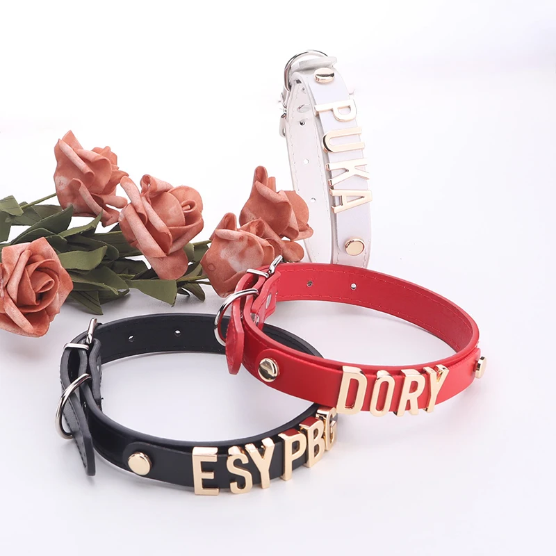 

Pet Dog Collar Custom Name Adjustable Lanyard Diamond Black Metal Letters Detachable Strap Personalized PU Leather Tape Strap