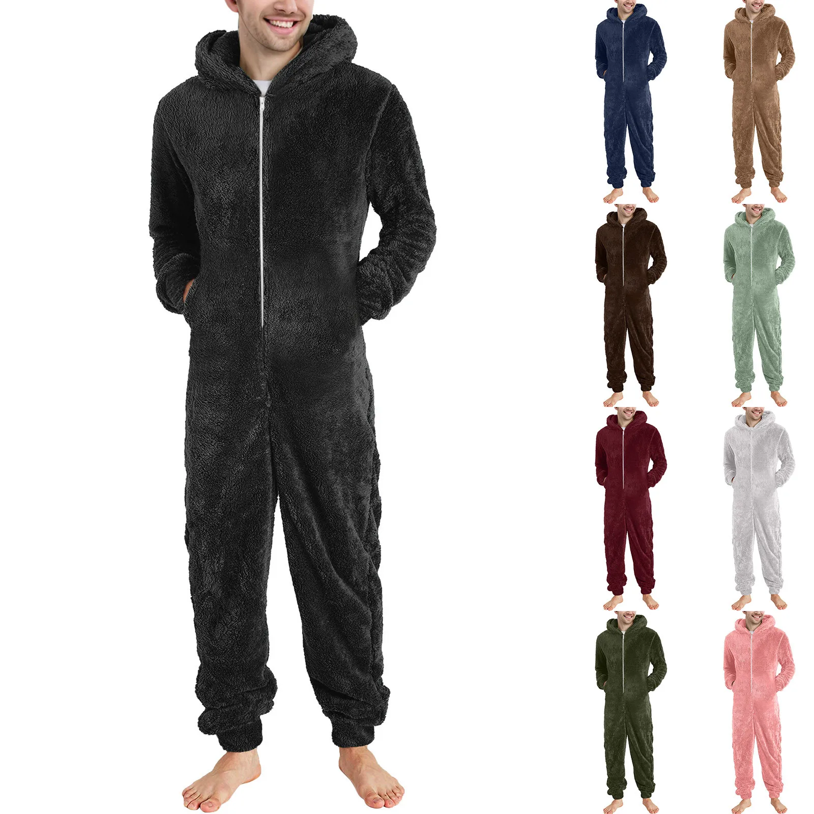 Artificial Wool Long Sleeve Onesie Mens Pajama Casual full body Loose Hooded Jumpsuit Pajamas Winter Warm Rompe Fleece Sleepwear baby rompers winter coral fleece onesie for newborn long sleeve jumpsuit infant boy girl cute bunny clothes babies warm jumper