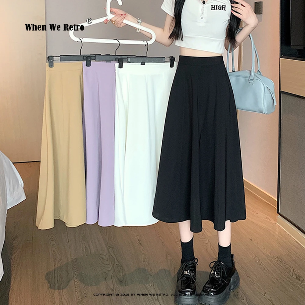 

Solid Color Midi Long Skirts Women Spring Summer New Elastic Waist High A-Line Skirt Medium Length Large Swing Black Skirt RS695