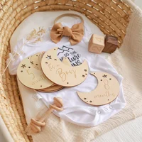 Baby Wooden Memorial Monthly Cards Moon Shape Monthly Newborn Engraved Age Photography Props Accessories Baby Birthing Gift 4