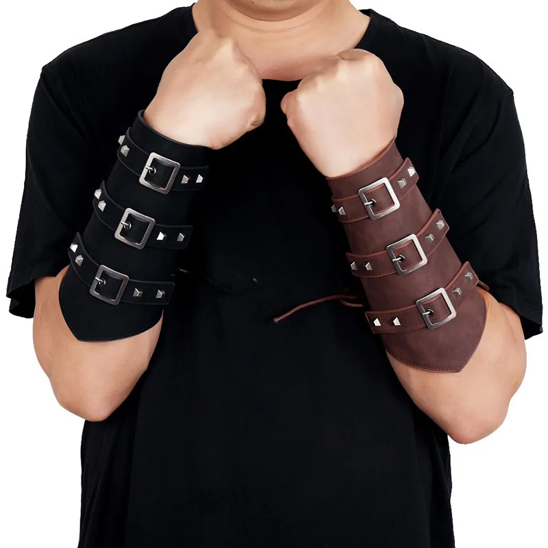 Unisex Pu Leather Gauntlet Bracer Arm Armor Wristband Protector Cuff String Steampunk Bangle Buckle Bracers Cosplay Props