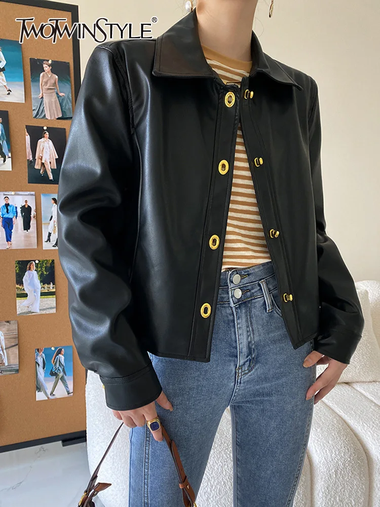

TWOTWINSTYLE Solid Leather Jackets For Women Lapel Long Sleeve Patchwork Single Breasted Minimalist Vintage Jacket Female 2023