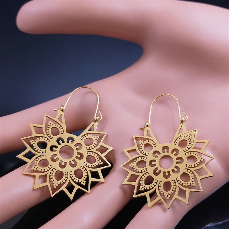 Trendy Yoga Lotus Flower Earrings Stainless Steel Gold Color Hoop Earrings for Women Jewelry boucles d'oreilles E9360S01 - Image 2