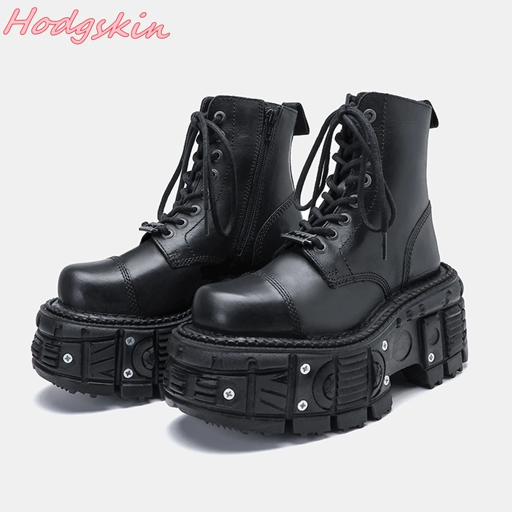 

Black All-match Design Boots Round Toe Thick Sole Cross Tied Shoes Punk Metal Height Increasing Mid Calf Leather Boots Hot Sale