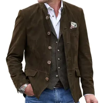 2025 Nuova giacca in pelle scamosciata per uomo Cappotto da abito casual vintage Primavera Autunno Manica lunga Colletto alla coreana Top retrò Capispalla Streetwear 1