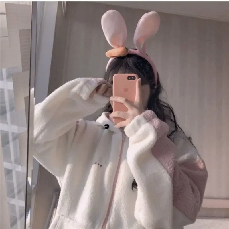 2023 Fall Winter Korean Preppy Style Women Coat Embroidery Imitation Lambswool Female Jacket Kawaii Sweet Japanese Girl Y2k Tops