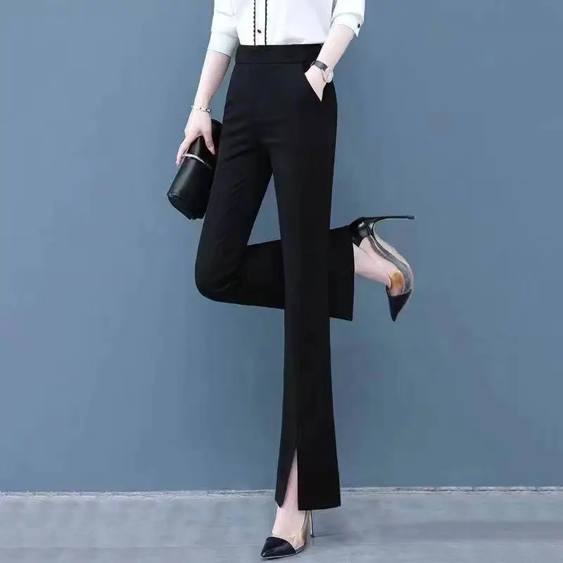 2023 Spring and Autumn Women's Pocket Elastic Split Horn High Waist Slim Fit Solid Color Fashion Casual Elegant Commuter Pants