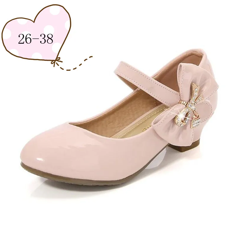 spring new girls leather shoes children's princess high heels black white girls wedding party dance shoes 26-38