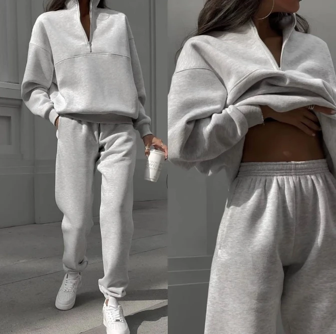 New Hot Selling 2023 Fashion Women's Thickened Long Sleeve Zipper Sweater and Pocket Pants Two Piece Set