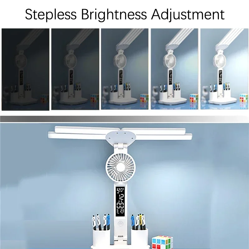 4 Head LED Desk Lamp Temperature Time Week Intelligent Display Foldable Eye Protection Reading Night Light with Pen Holder