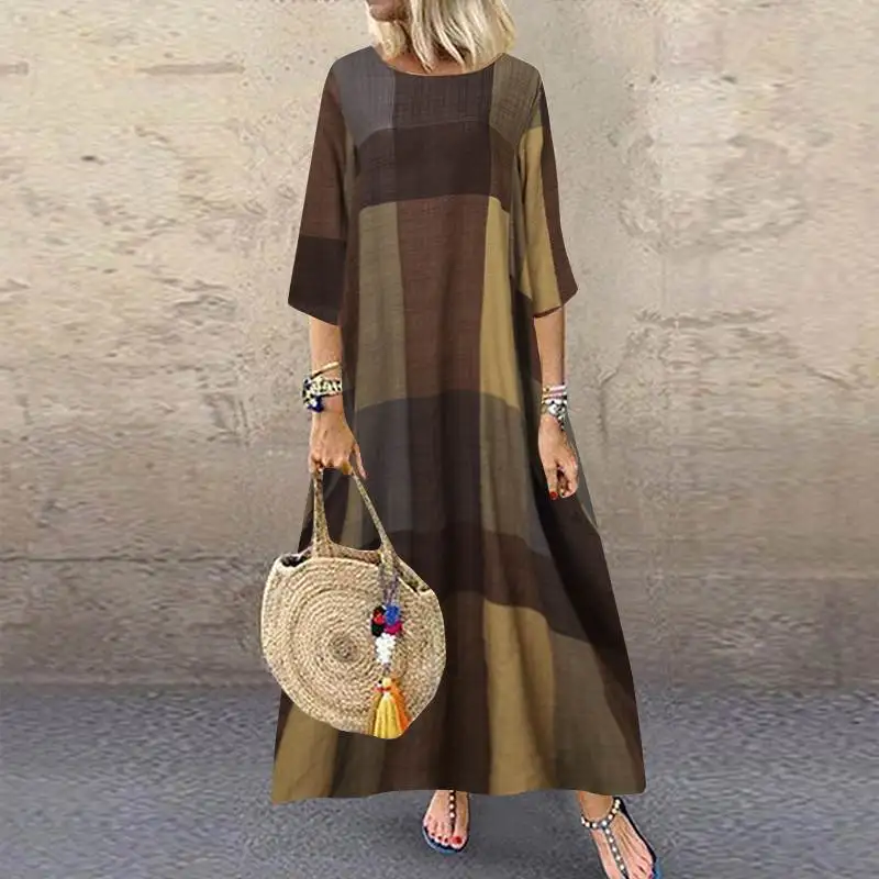 

2023 Woman Summer Dress Vintage Three Quarter Sleeve Plaid Printed Long Dress Casual Loose Clothing Streetwear Party Dresses