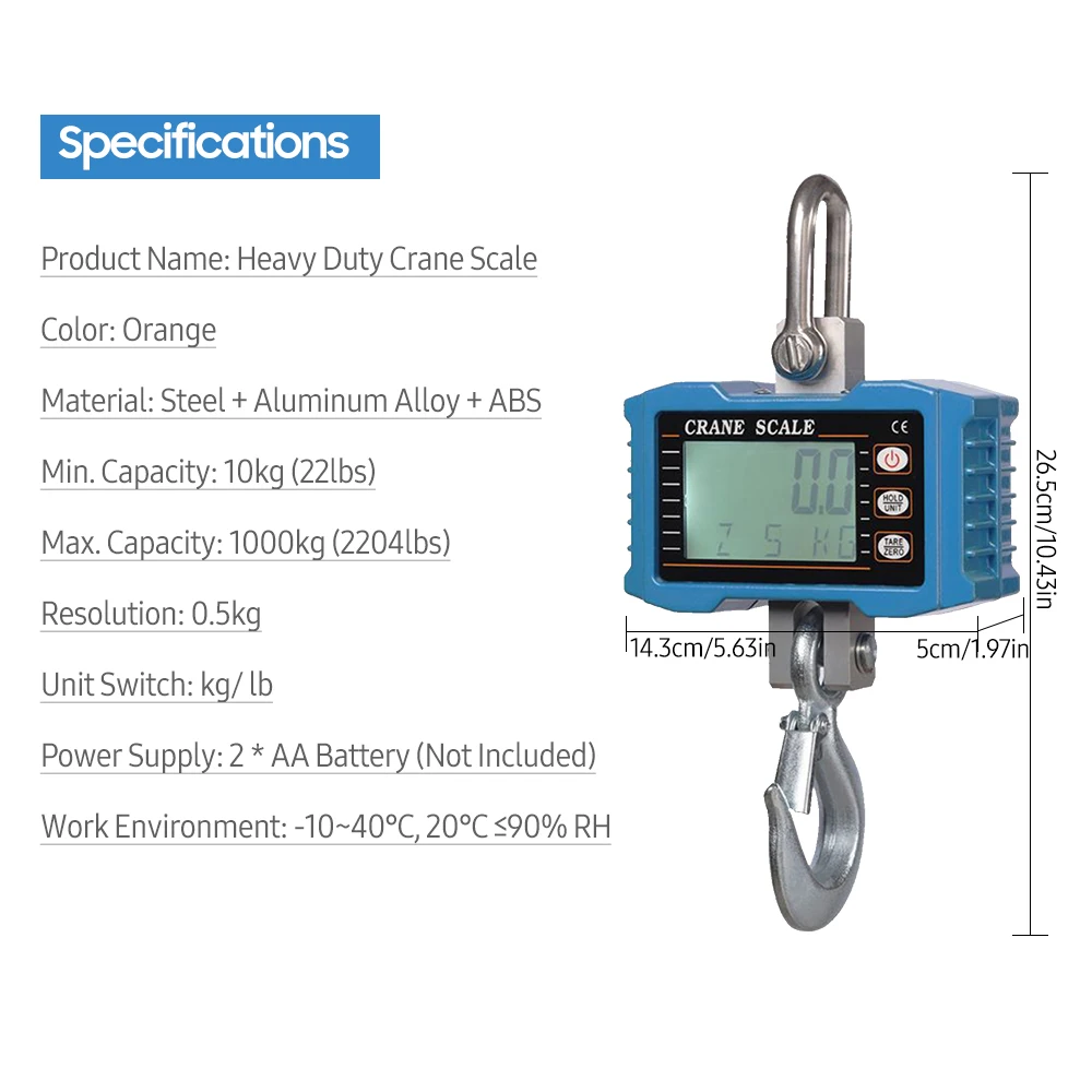Digital Hanging Scale 1000kg/ 2204lbs Heavy Duty Crane Scale LCD Backlight Industrial Hook Scales Weight Balance Tool